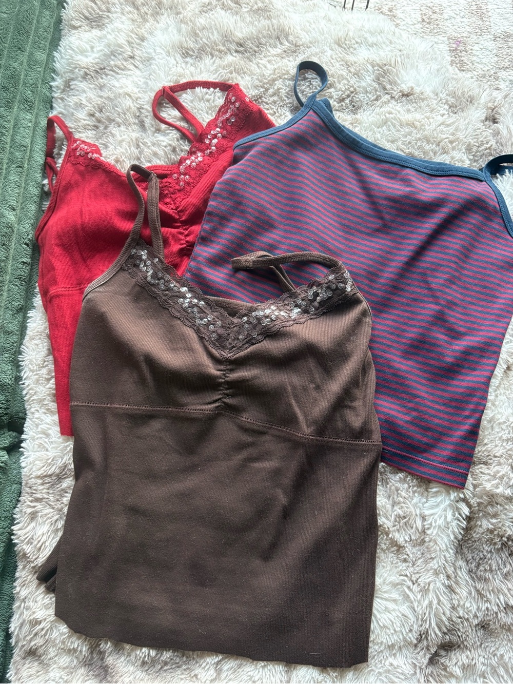 Women's Lace-Trim Cami Tank Tops - Red, Brown, Blue Stripe